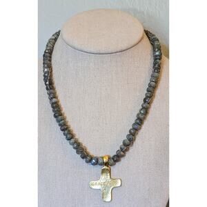 Grace George Gray Faceted Glass Bead Necklace W/ Chunky Gold Tone Cross Pendant